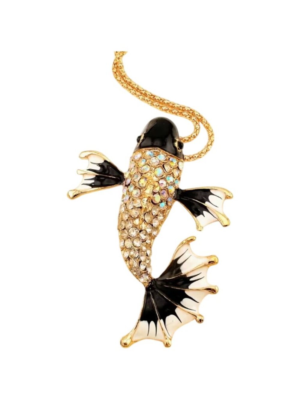 Black & White Crystal Koi Fish Pendant Necklace Gold Tone